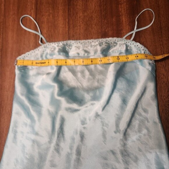 Vintage Light Blue Satin Slip Dress Eyelet Lace Trim Spaghetti Strap Chemise - Picture 2 of 3